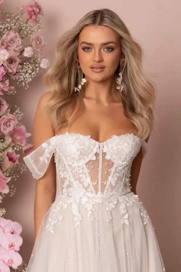 Off The Shoulder Open Back A-Line Tulle Long Wedding Dress