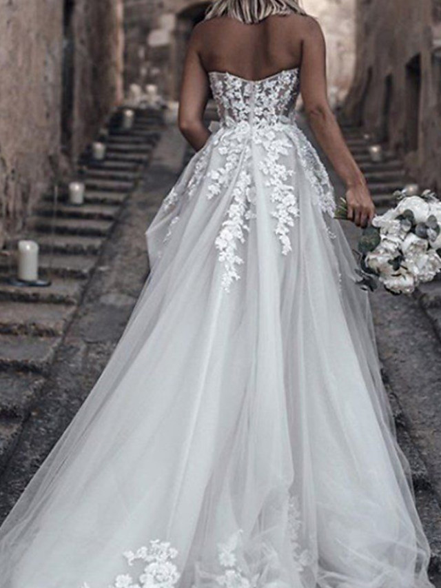 Long A-Line Sweetheart Tulle Lace Sleeveless Wedding Dresses