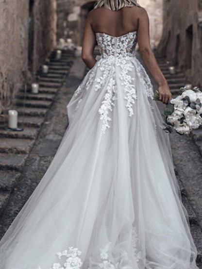 Long A-Line Sweetheart Tulle Lace Sleeveless Wedding Dresses