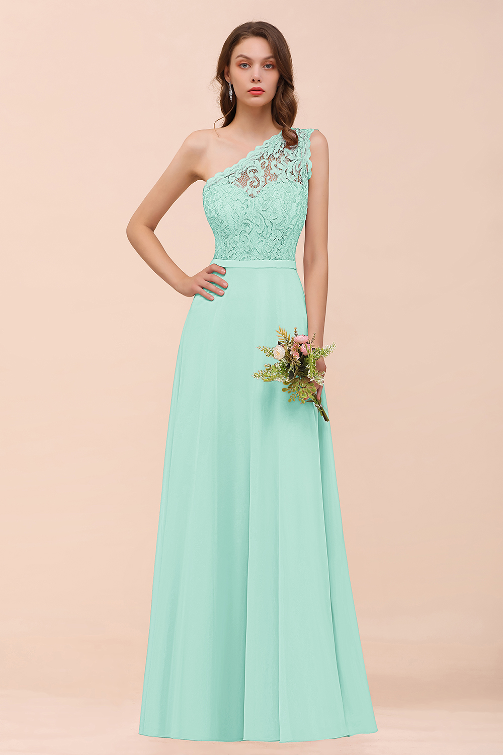 Classy One Shoulder Appliques Lace Floor-length A-Line Chiffon Bridesmaid Dress