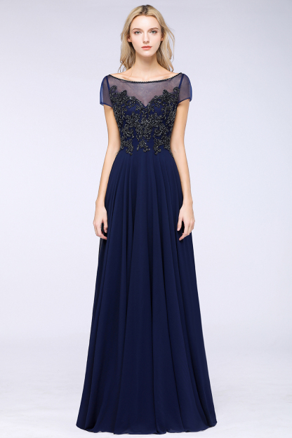 Elegant A-Line Short Sleeves Appliques Beads Bridesmaid Dress