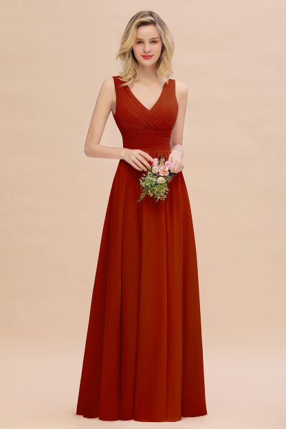 Elegant A-line V-Neck Ruffles Long Bridesmaid Dress