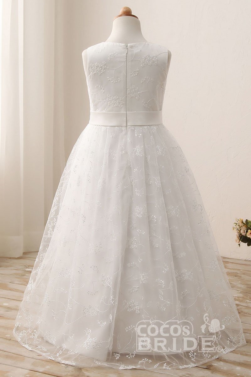 White Scoop Neck Short Sleeveless Ball Gown Flower Girls Dress