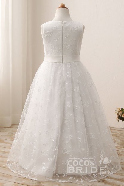 White Scoop Neck Short Sleeveless Ball Gown Flower Girls Dress