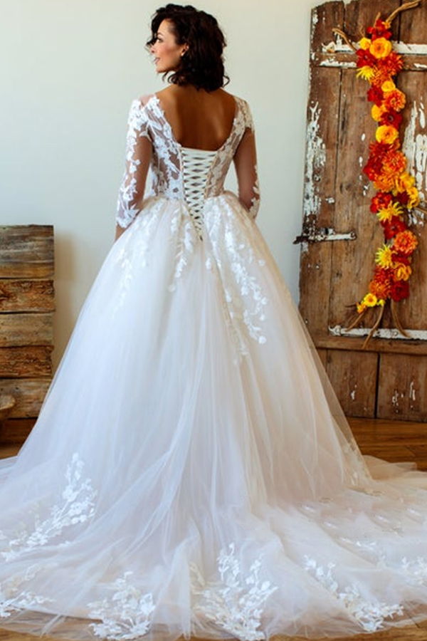 Long Lace-up Appliques Tulle Ball Gown Wedding Dress