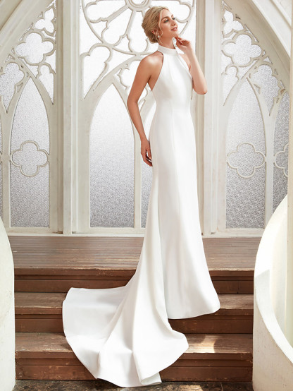 Elegant  Long Mermaid High Neck Chiffon White Backless Wedding Dresses