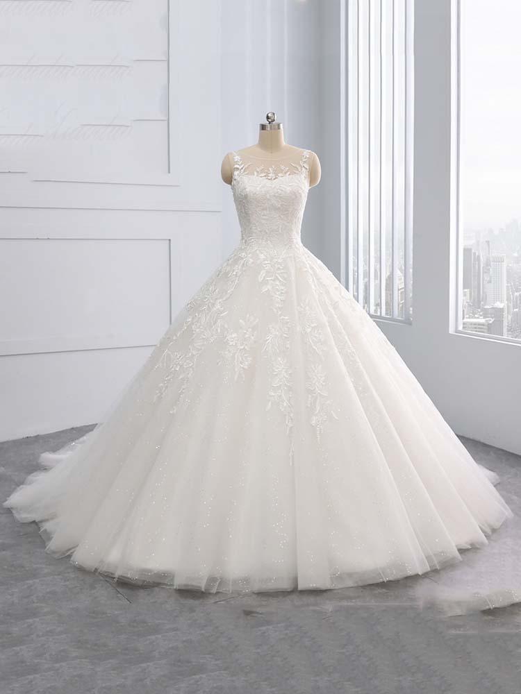 Gorgeous Ivory Long Tulle Lace-Up Sweep Train Ball Gown Wedding Dresses