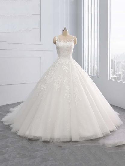 Gorgeous Ivory Long Tulle Lace-Up Sweep Train Ball Gown Wedding Dresses
