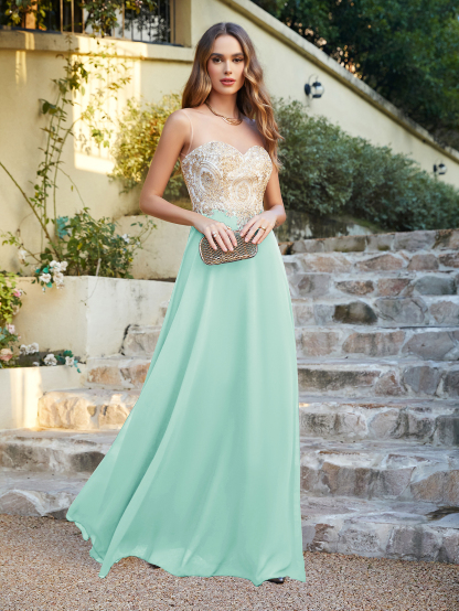 Gorgeous Long A-line Chiffon Lace Sleeveless Prom Dresses