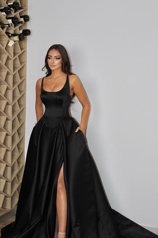 Black Long A-line Satin Front Slit Formal Prom Dresses with Pockets