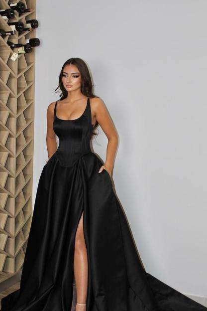 Black Long A-line Satin Front Slit Formal Prom Dresses with Pockets