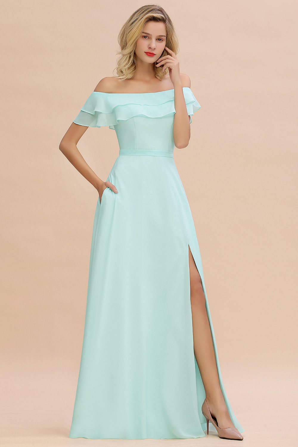 Off-the-Shoulder Front Slit Mint Green Long Bridesmaid Dress