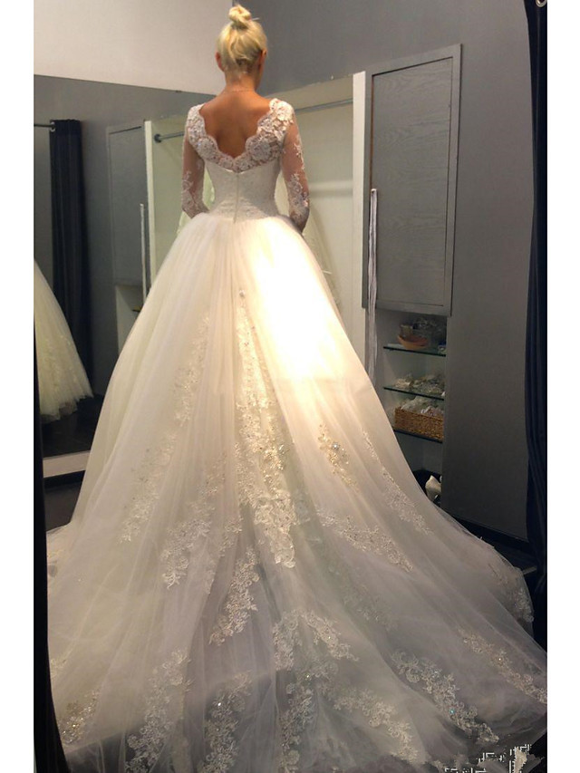 A-Line Wedding Dresses Jewel Neck Court Train Lace Tulle Long Sleeve Formal Sexy
