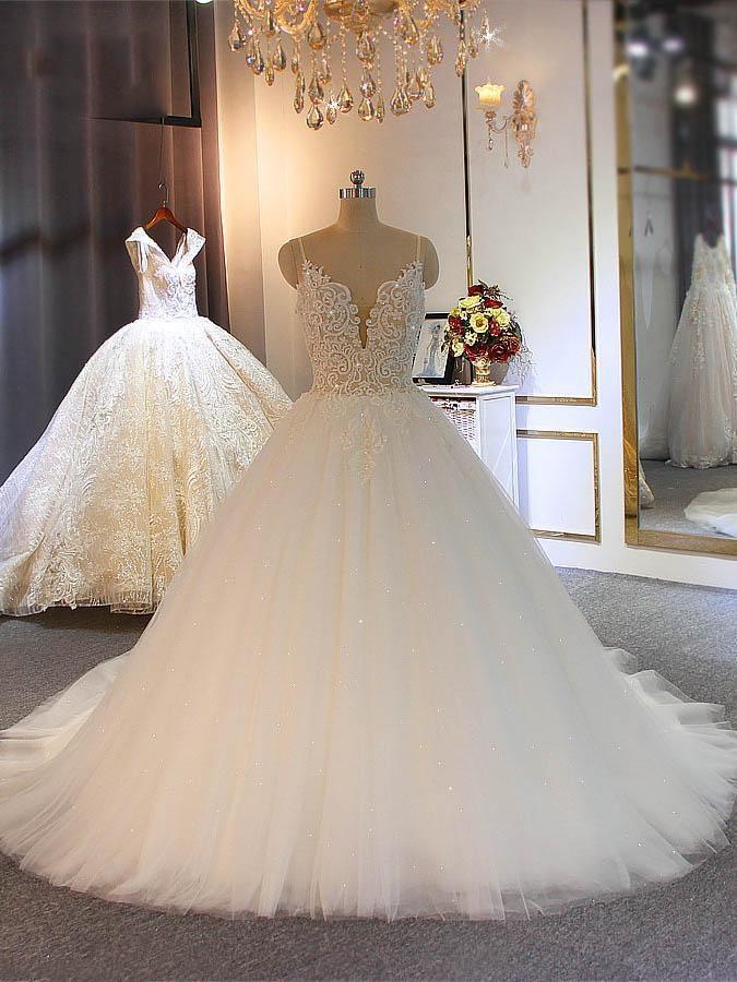 Shiny Long Ball Gown V-neck Spaghetti Strap Tulle Lace Wedding Dresses