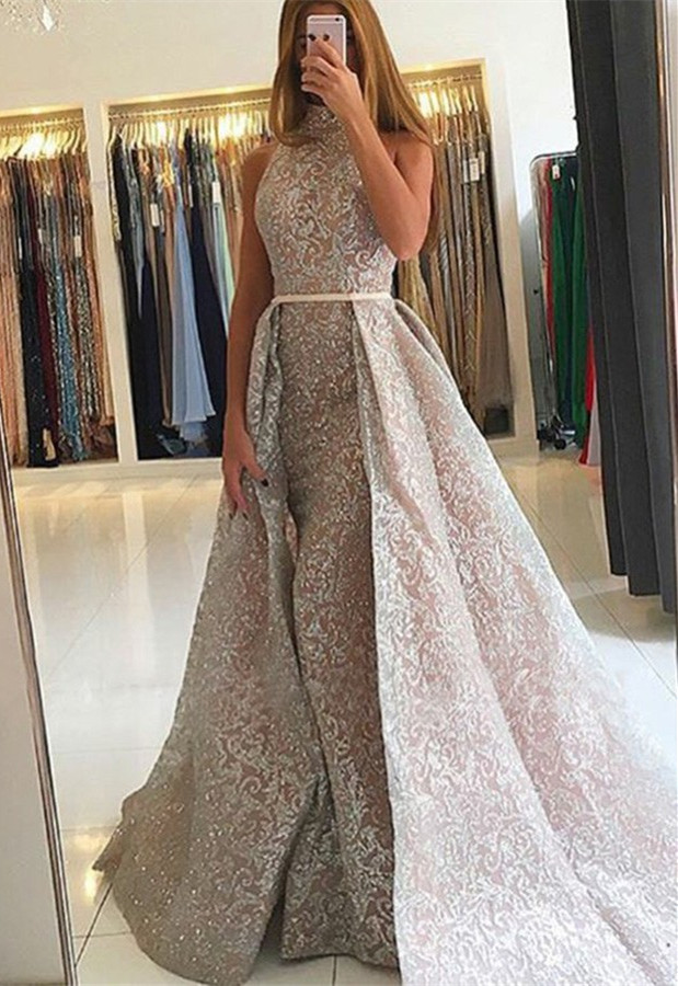 knee length dresses for ladies Mermaid Rose Gold Sequin Prom Dress Removable Train – Lisposa