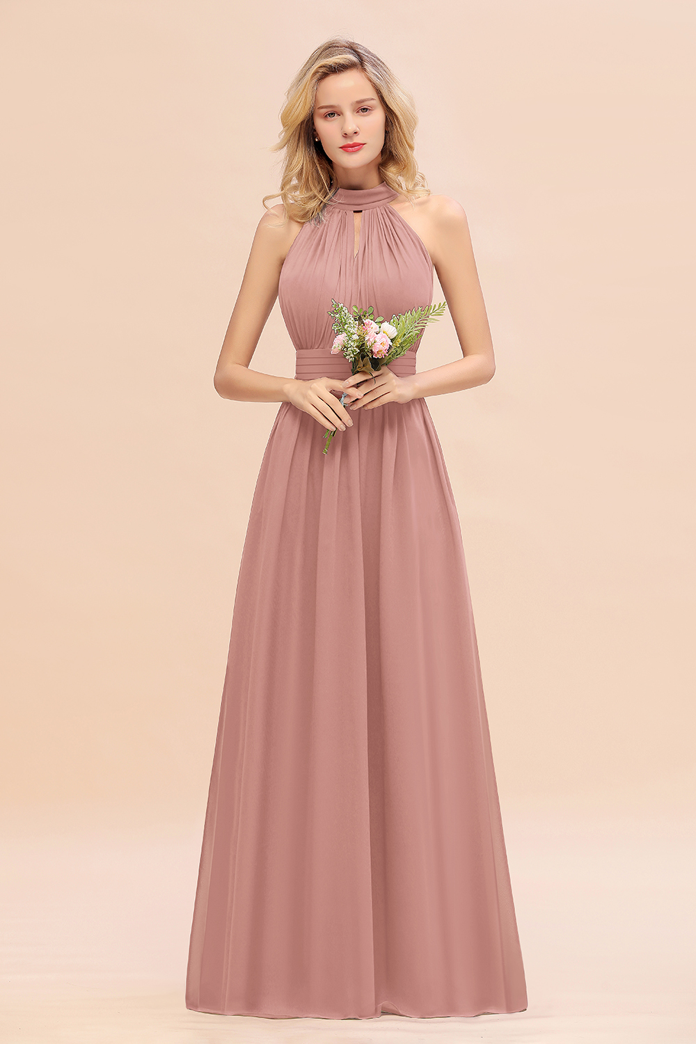 BM0758 Glamorous High-Neck Halter Bridesmaid Affordable Dresses with Ruffle