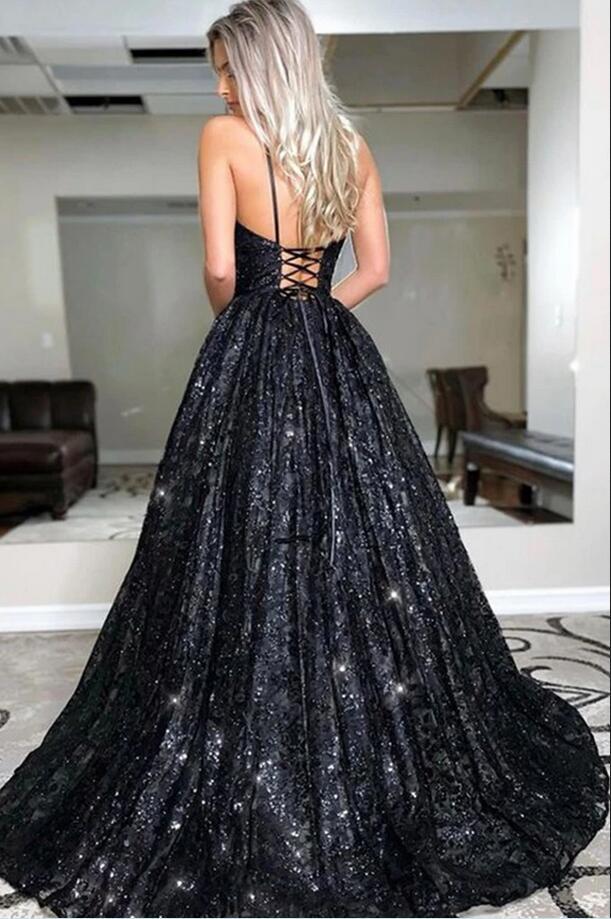 Black Long A-line Spaghetti Straps Open Back Glitter Prom Dress