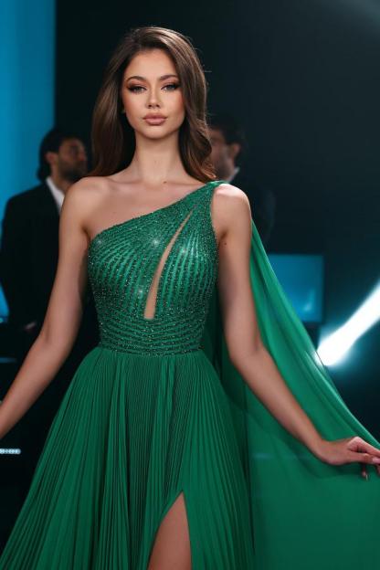 Split Front Green One Shoulder Chiffon Floor Length Prom Dress with Ruffles and Beadings
