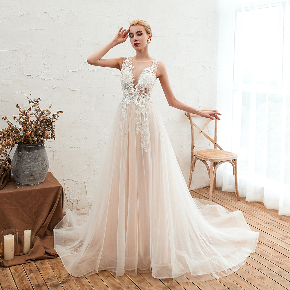 Long A-line Bateau Tulle Open Back Wedding Dress With Floral Lace