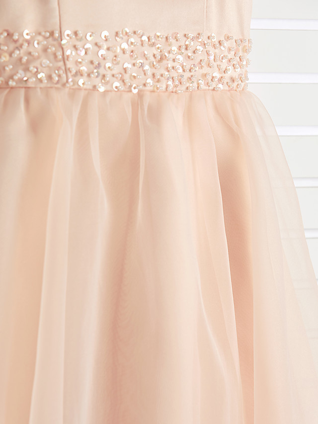 A-Line Jewel Neck Ankle Length Organza / Satin Junior Bridesmaid Dress With Beading / Tier