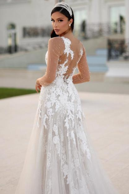 Long Sleeve Tulle Appliques Lace Floor Length Wedding Dress with Beads