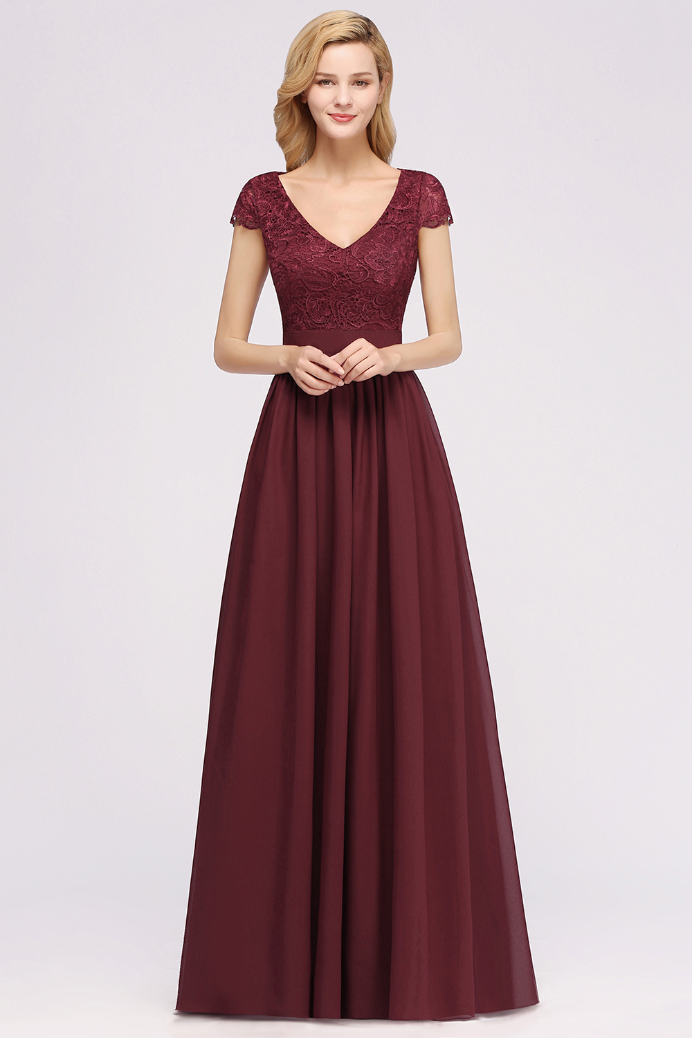 A-line Chiffon Lace V-Neck Sleeveless Floor-Length Bridesmaid Dresses with Ruffles