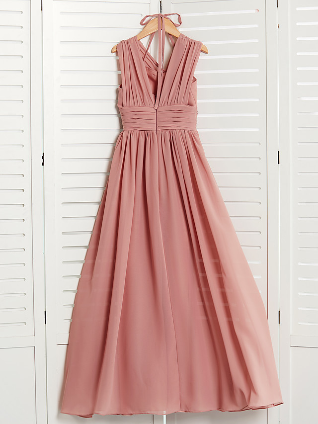 Long A-Line V Neck Chiffon Junior Bridesmaid Dress