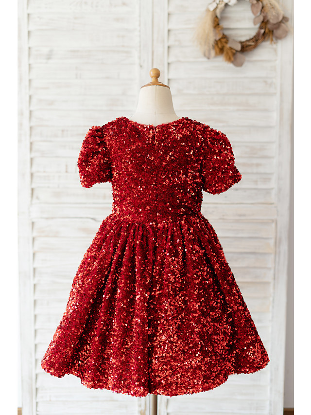 Red Short A-line Knee Length Sequined Flower Girl Dresses with Sleeves
