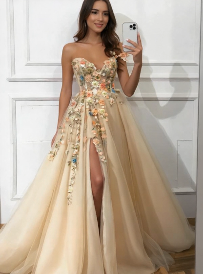 Attractive Long A-line One Shoulder Tulle Flower Prom Dress