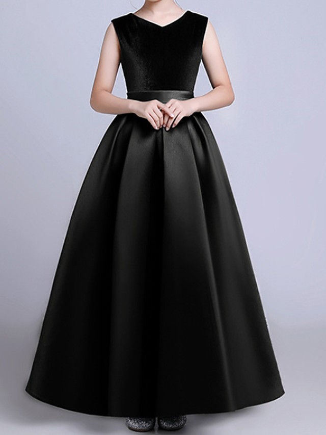 Dark Green Long A-line V-neck Satin Firl Party Dresses