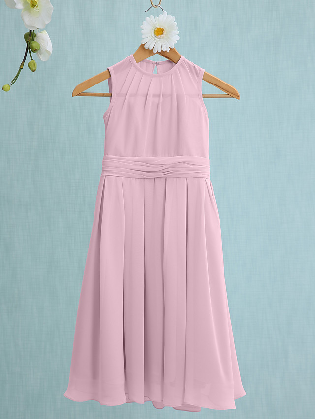 Sky Blue Long A-line Jewel Neck Knee Length Chiffon Junior Bridesmaid Dress