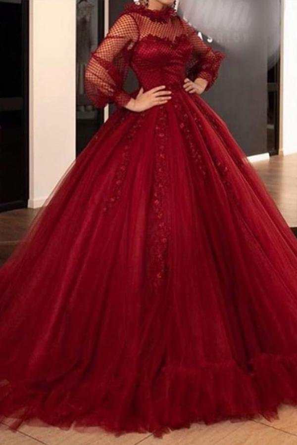 Burgundy Long Sleeve Appliques Lace Tulle Floor-length Ball Gown Prom Dress
