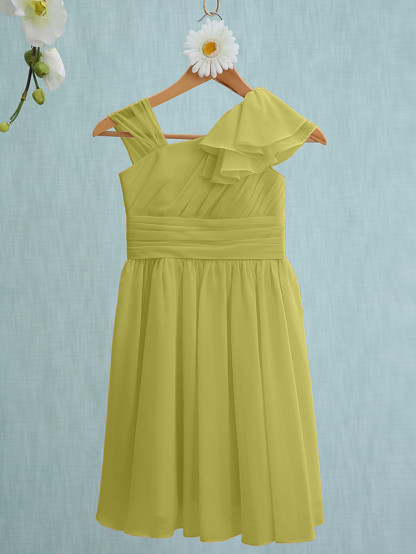 Sheath / Column Straps Knee Length Chiffon Junior Bridesmaid Dress With Ruffles / Side Draping / Natural