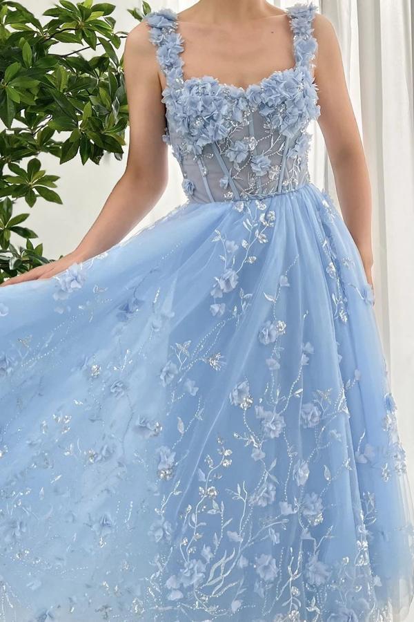 Elegant Sky-Blue A-Line Sweetheart Tulle Ankle-Length Prom Dresses with Flowers