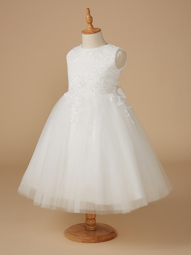 White Ball Gown Sleeveless Jewel Neck Knee Length Tulle Lace Flower Girl Dresses