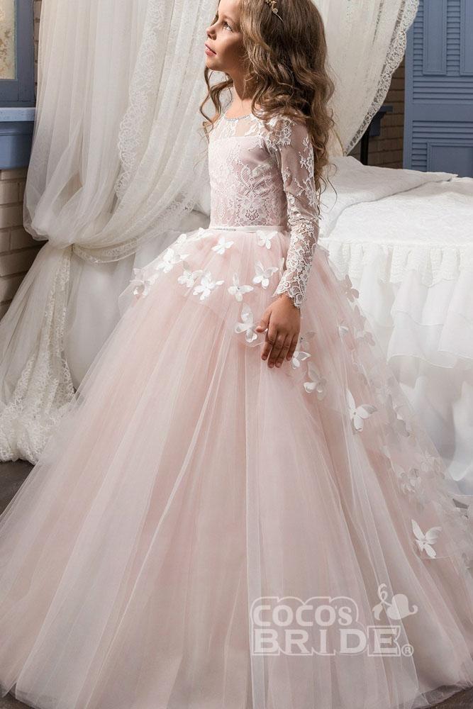 White Scoop Neck Long Sleeves Ball Gown Flower Girls Dress