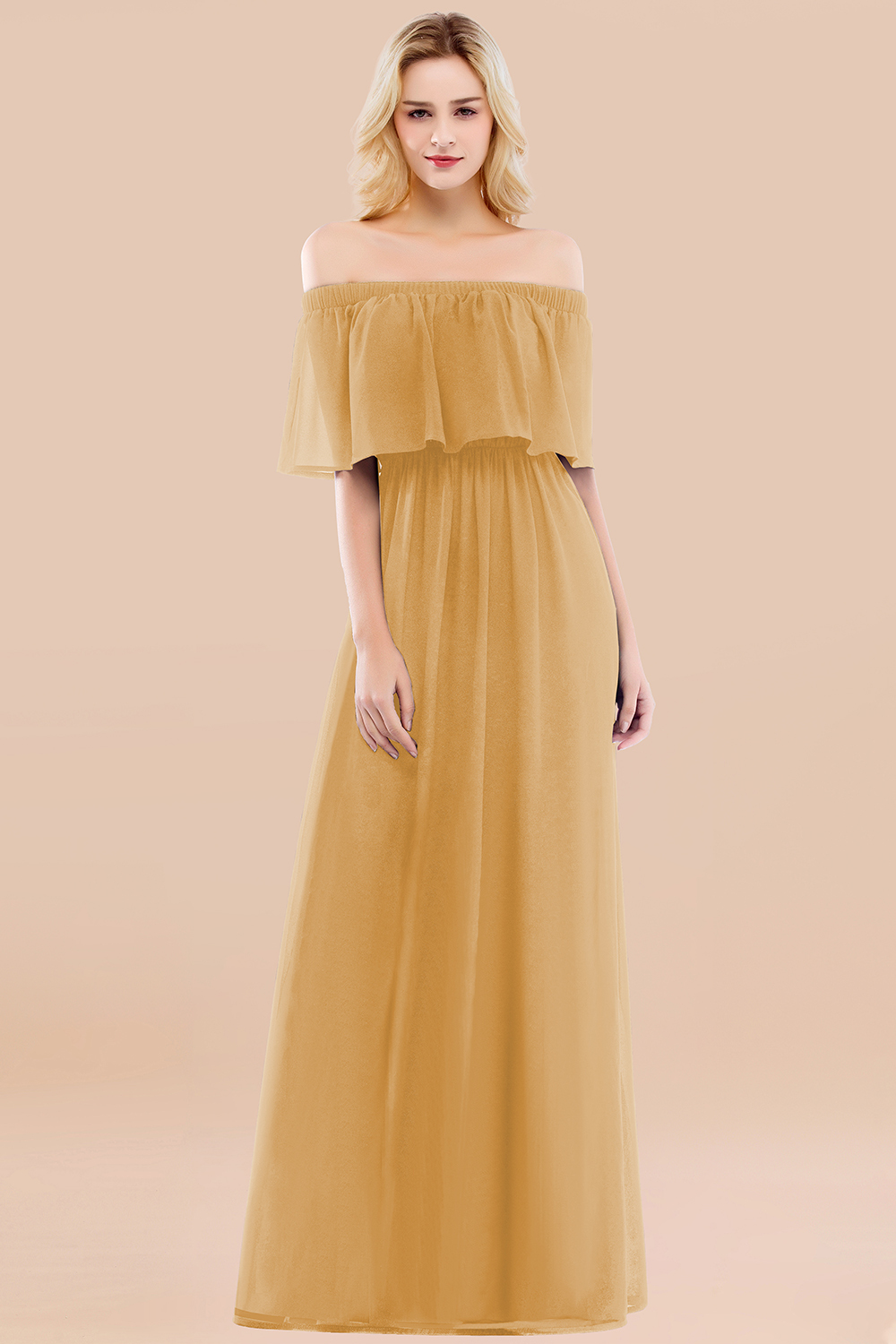 A-line Chiffon Off-the-Shoulder Short-Sleeves Ruffles Floor-length Bridesmaid Dress