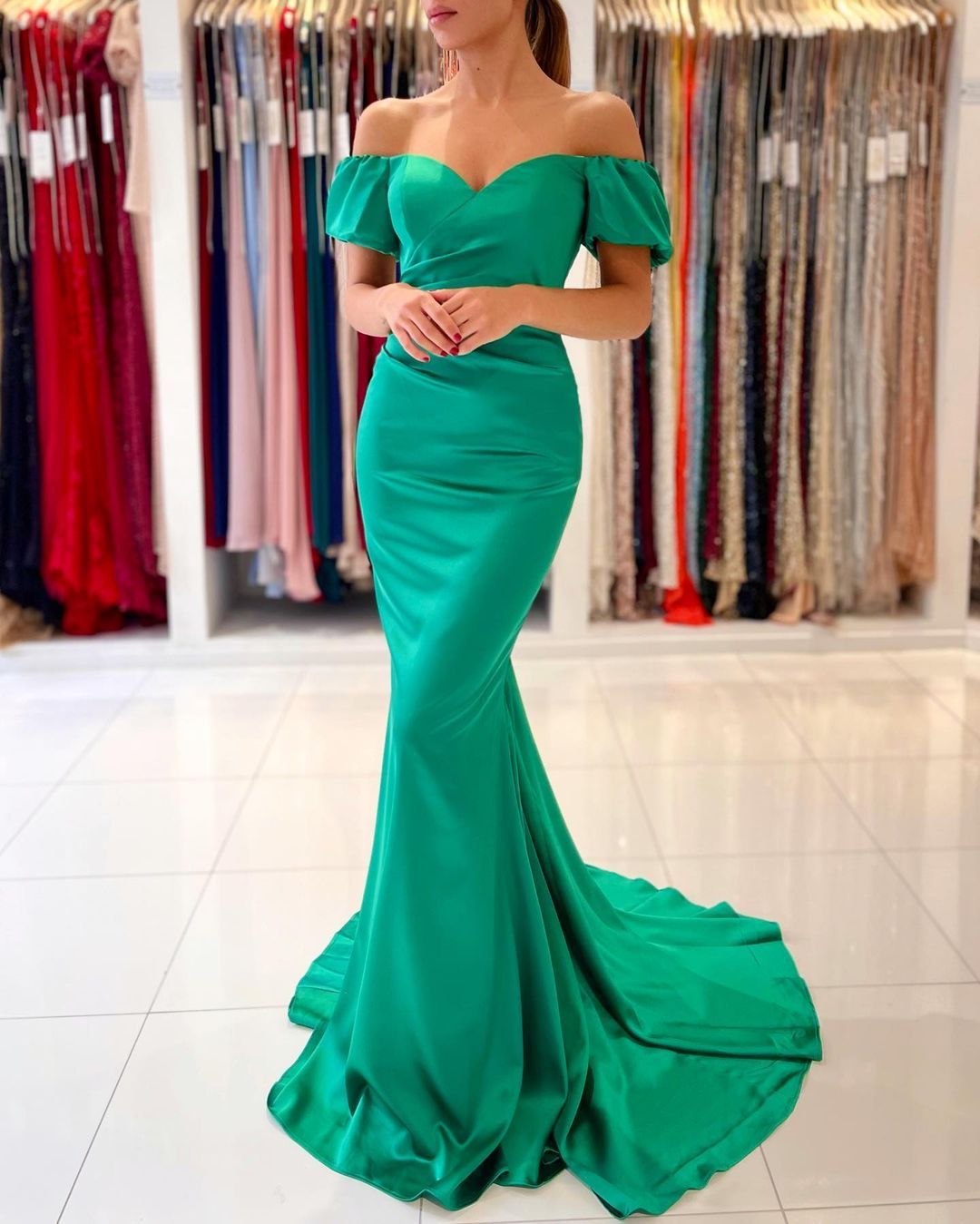 Stunning Long Mermaid Off the Shoulder Satin Prom Dresses with Sleeves