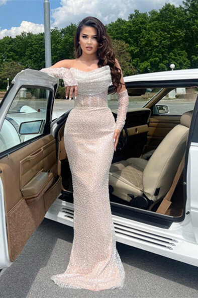Sparkle Sequined Strapless White Mermaid Long Prom Dress with Gloves   COCOSBRIDE