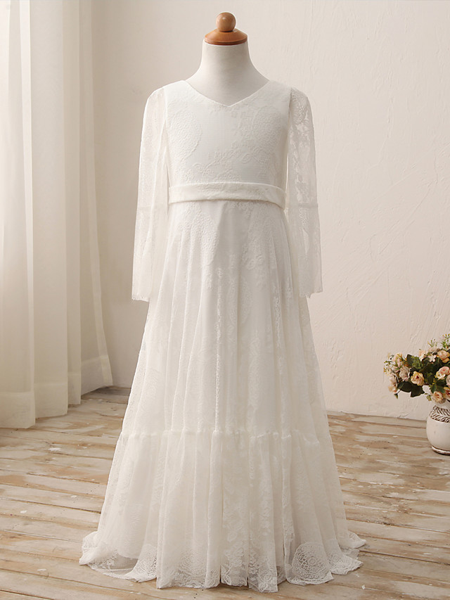 Sheath / Column Maxi Wedding / Birthday / Holiday Flower Girl Dresses - Lace / Cotton 3/4 Length Sleeve V Neck With Lace