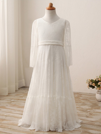 Sheath / Column Maxi Wedding / Birthday / Holiday Flower Girl Dresses - Lace / Cotton 3/4 Length Sleeve V Neck With Lace