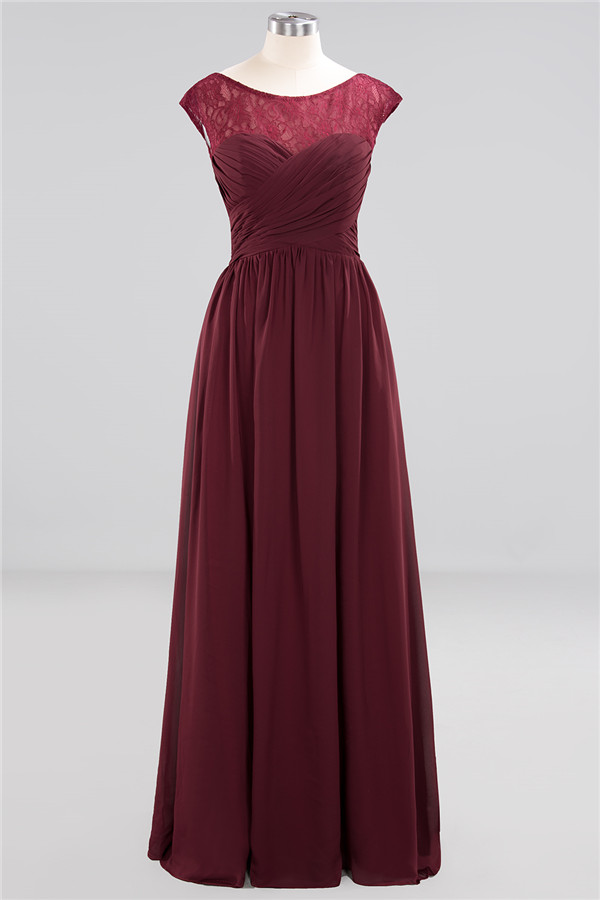 Chic Bateau A-Line Chiffon Party Dress Floor-length Ruffles Prom Dress