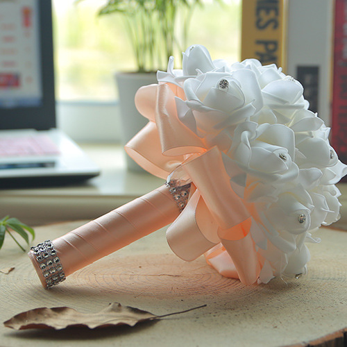 White Silk Wedding Bouquet with Colorful Handles