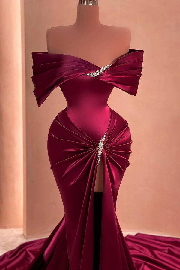 Front Split Off The Shoulder Mermaid Draped Long Prom Dress with Beads