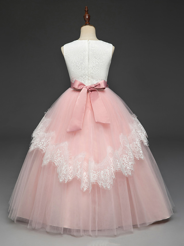 Long A-line Tulle Lace Sleeveless Flower Girl Dresses with Bow