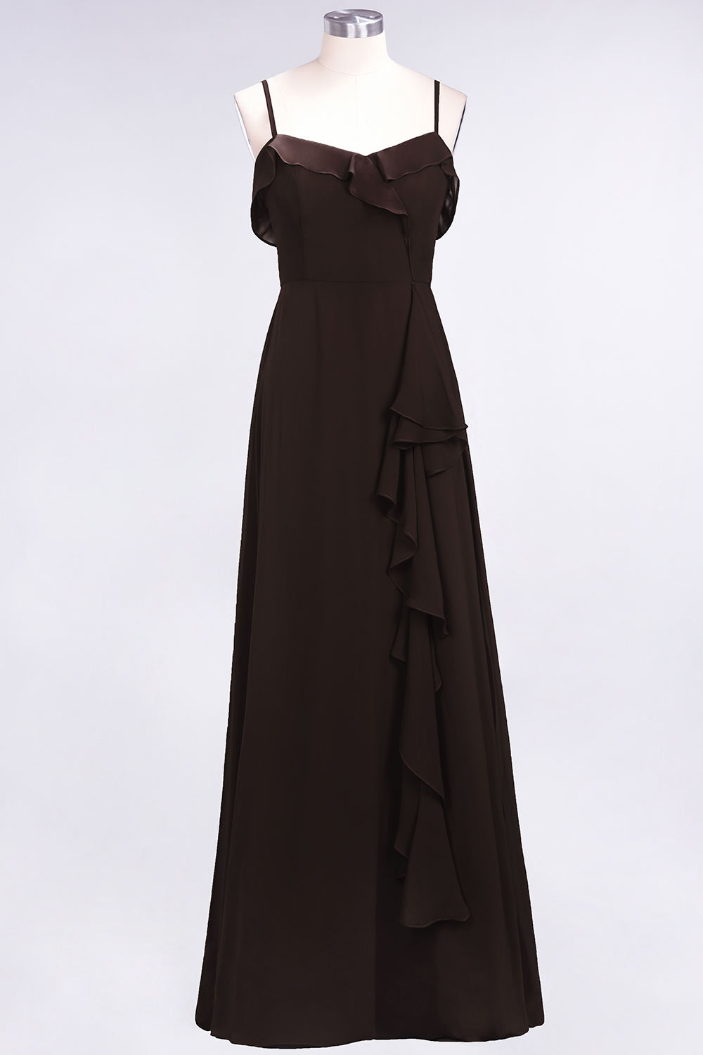Spaghetti Straps A-Line Chiffon Backless Floor-length Prom Dress With Ruffles