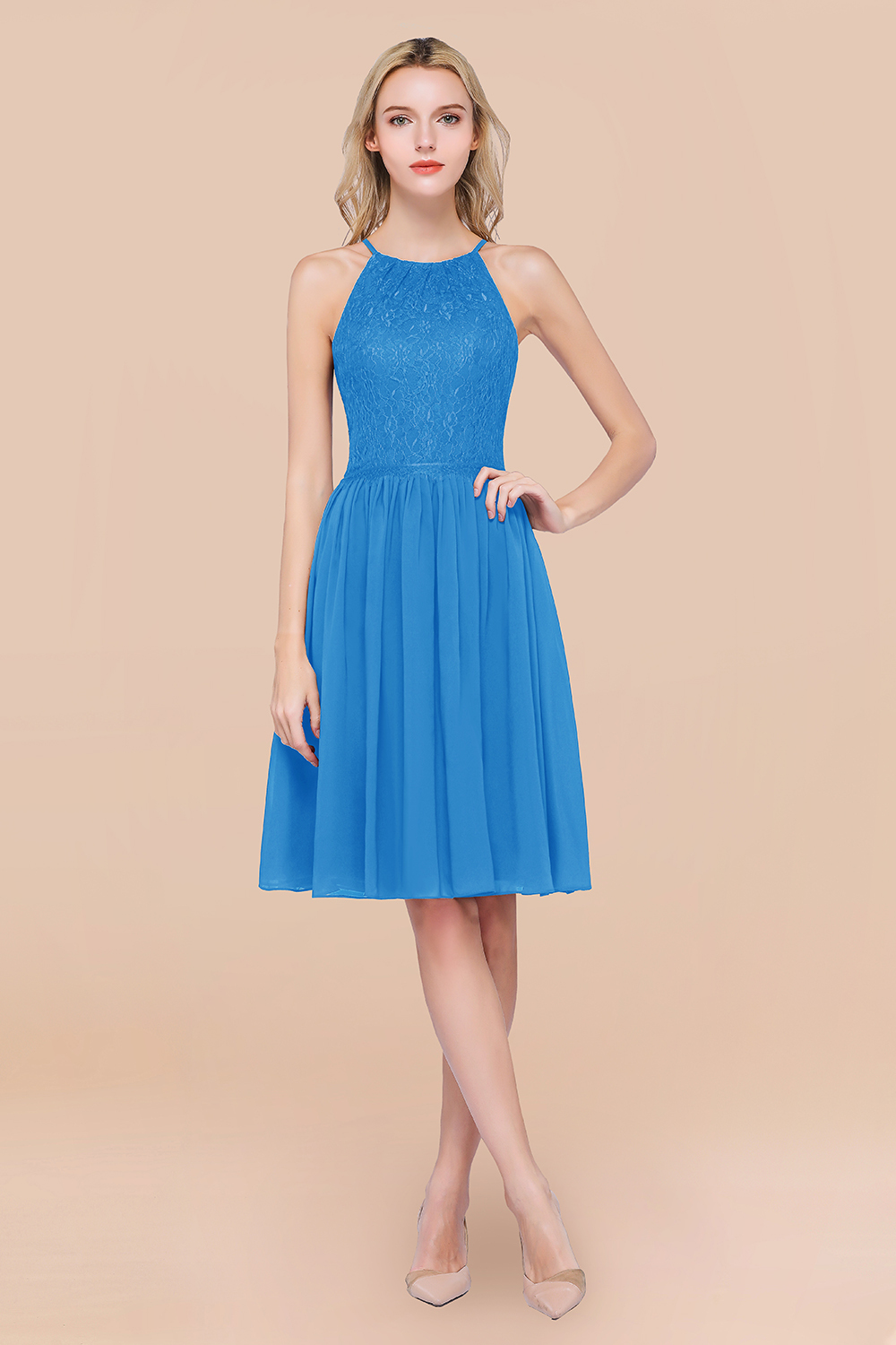 A-line Chiffon Lace Jewel Sleeveless Knee-Length Bridesmaid Dresses with Ruffles