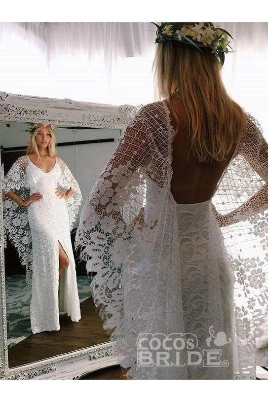 Ivory Boho Long Mermaid Lace Backless Wedding Dress
