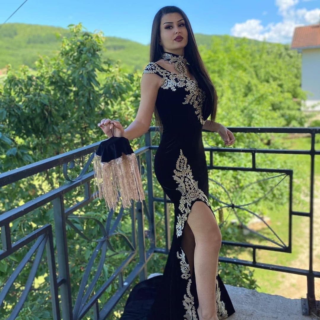 Sexy Black High Neck Appliques Lace Velvet Floor-length Mermaid Prom Dress With Slit