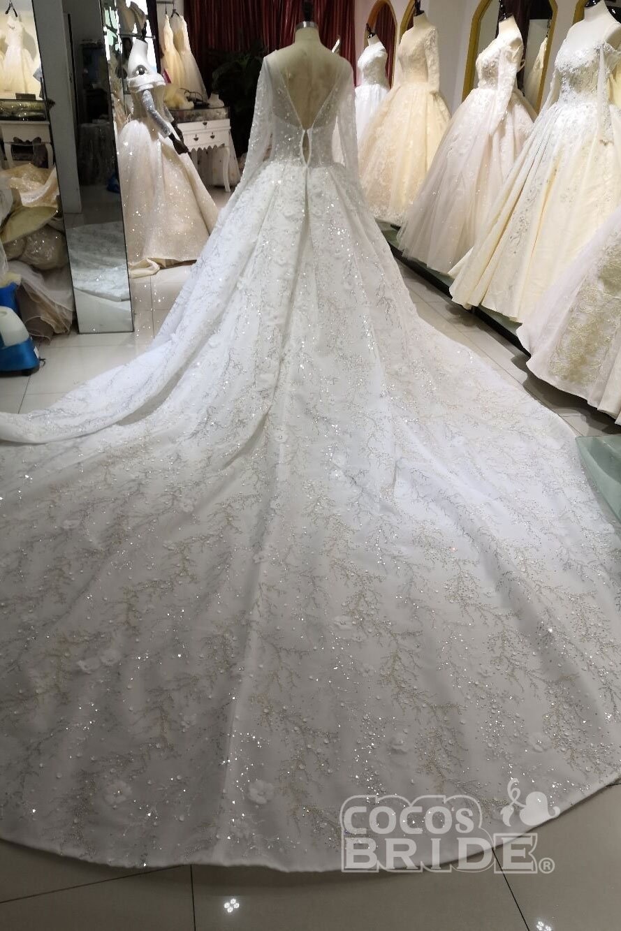 Luxury Tulle Beaded Long Sleeves Lace Ball Gown Wedding Dress